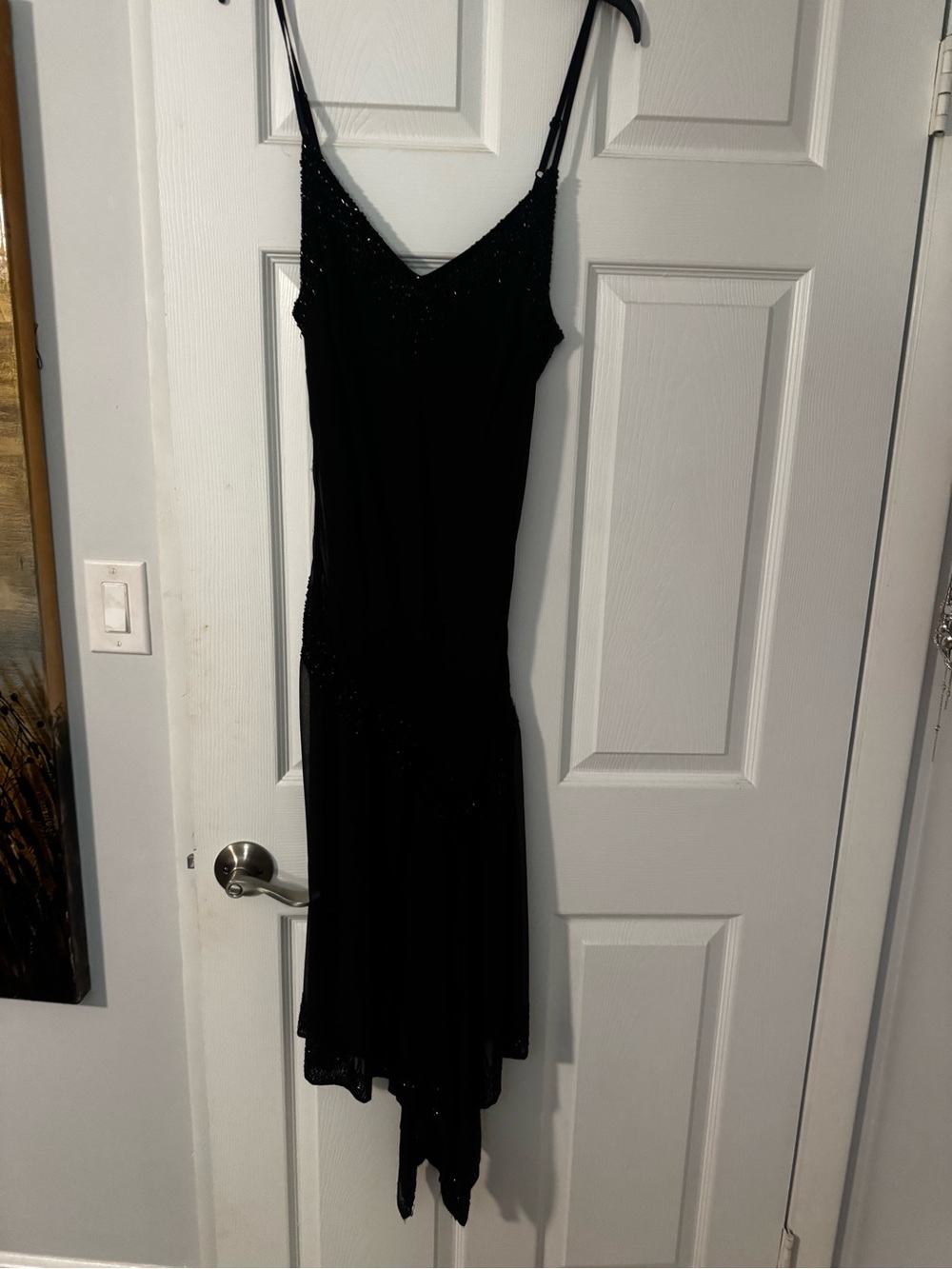 J Kara Black Asymmetrical Beaded Slip Dress